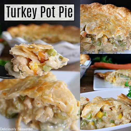 A 3 picture collage of Turkey Pot Pie with the title in the top left corner.