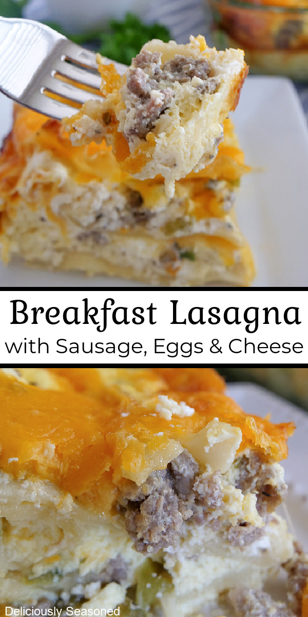 A double photo collage of breakfast lasagna on a white plate, filled with crumbled sausage, eggs, cheese, and noodles.