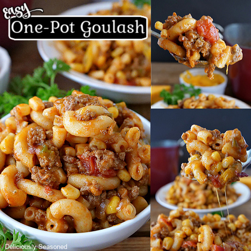 A three collage photo of goulash in a white bowl with the title of the recipe up in the top left hand corner.