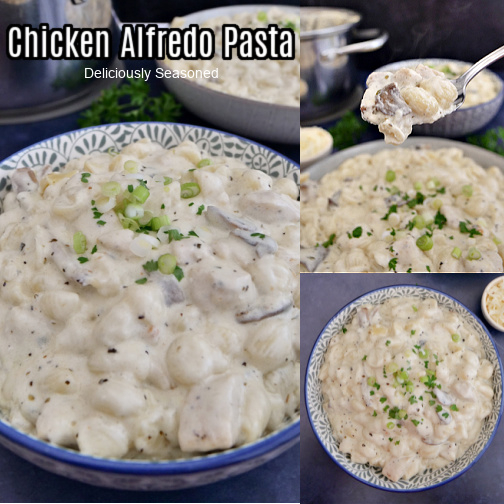 A three photo collage of chicken alfredo pasta, all in a decorative bowl with blue trim and topped with green onions and parsley.