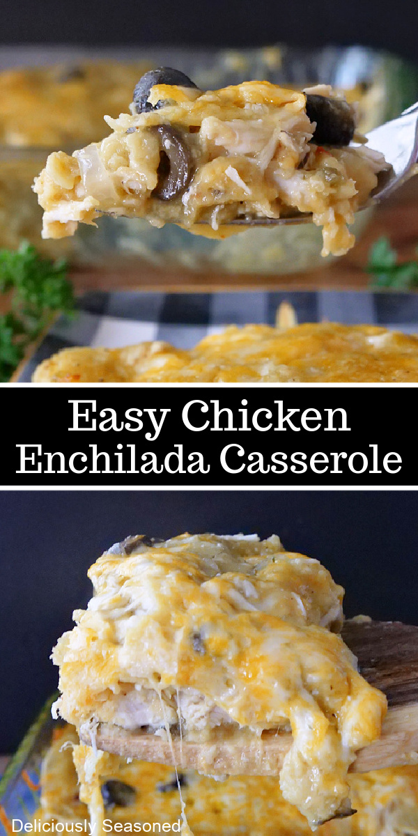 A double collage photo of a serving of chicken enchiladas with the title of the recipe in the center of the two photos.