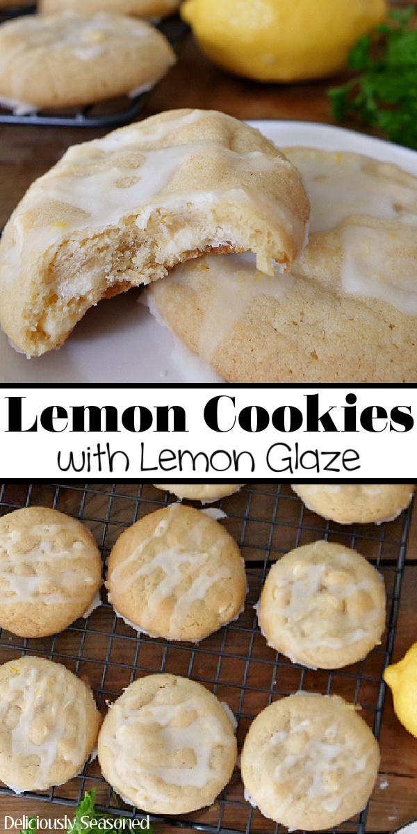 A double collage photo of lemon cookies with the title of the recipe in the center of the two photos.
