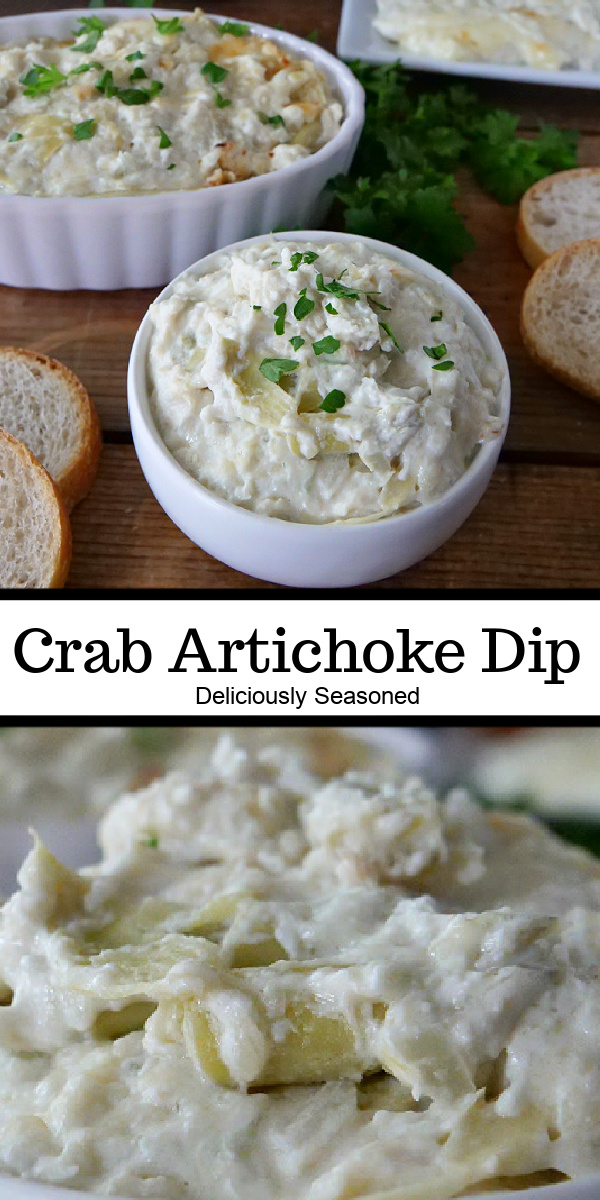 A double collage photo of two white bowls filled with artichoke dip and sliced baguettes laying around the bowl. Another picture of a close up of the dip.