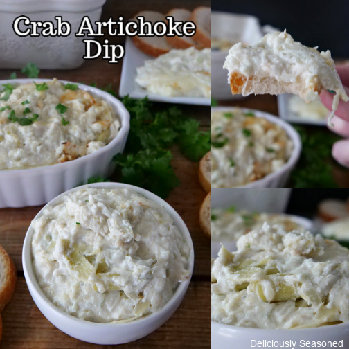 A three photo collage of artichoke crab dip all in white bowls, showing its creamy texture and how it is loaded with artichoke hearts and lump crab meat.