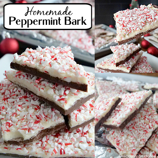 A three picture collage of peppermint bark with the title at the top left corner.