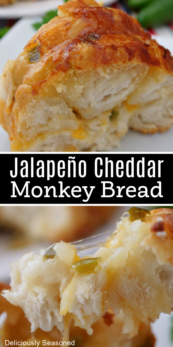 A double collage photo of jalapeno cheddar monkey bread with the title in the center of the photo.