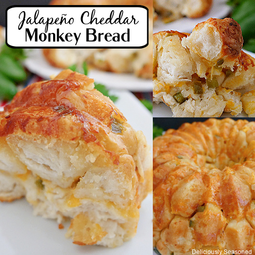 A three collage photo of jalapeno cheese monkey bread with the title of the recipe at the top left corner.