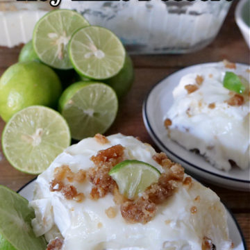 A slice of key lime dessert on a white plate with key limes in the background.