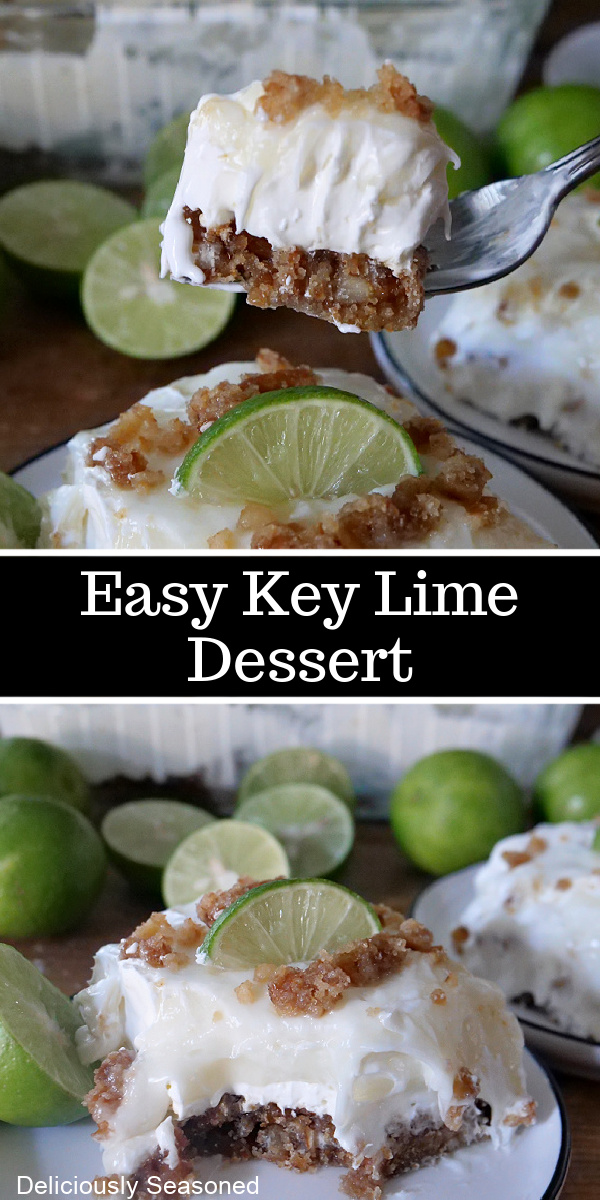 A double collage photo of a slice of key lime dessert on a white plate.