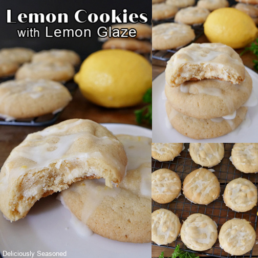A three photo collage with lemon cookies on a small white plate with more cookies in the background on a wire rack.