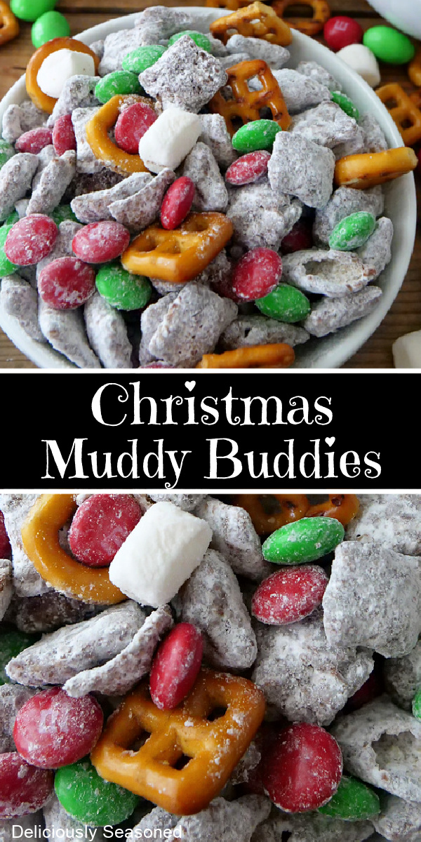 A double collage photo of muddy buddies in a white bowl with the title of the recipe in the center of the photos.