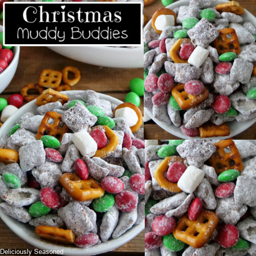A three photo collage of a white bowl filled with holiday puppy chow mix which is another name for muddy buddies. 