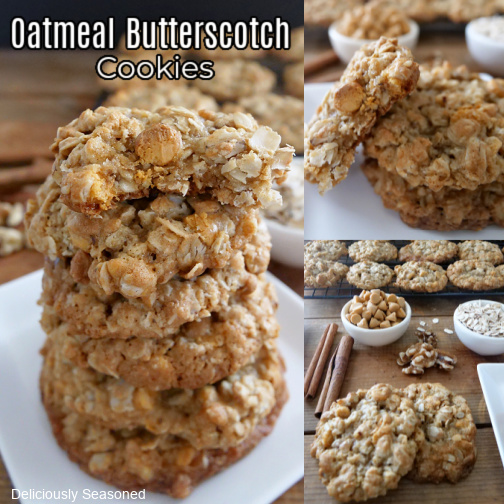 A three collage photo of oatmeal cookies with butterscotch morsels.