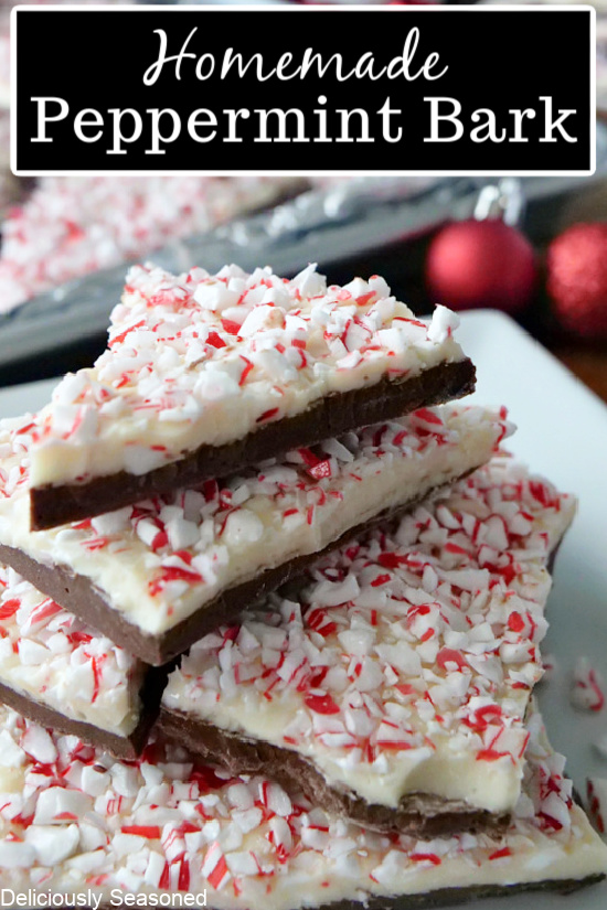 Peppermint bark pieces stacked up on a plate with the title at the top.