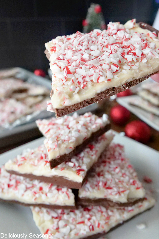 A close up picture of peppermint bark, showing the crushed peppermint candy on top.