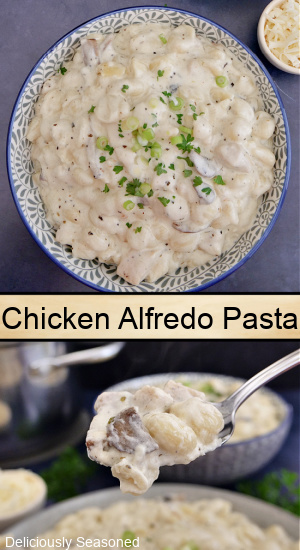 A double photo pin of alfredo pasta in a bowl with blue trim and another pic of a bite on a spoon.