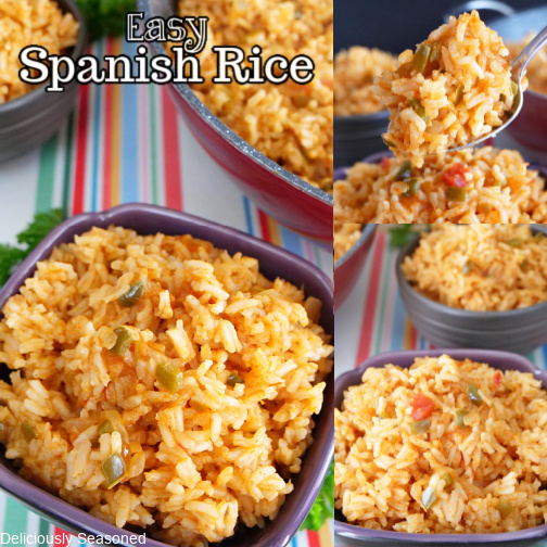 A three photo collage of Spanish rice in bowls, a spoonful showing all its ingredients, all sitting on a striped background.