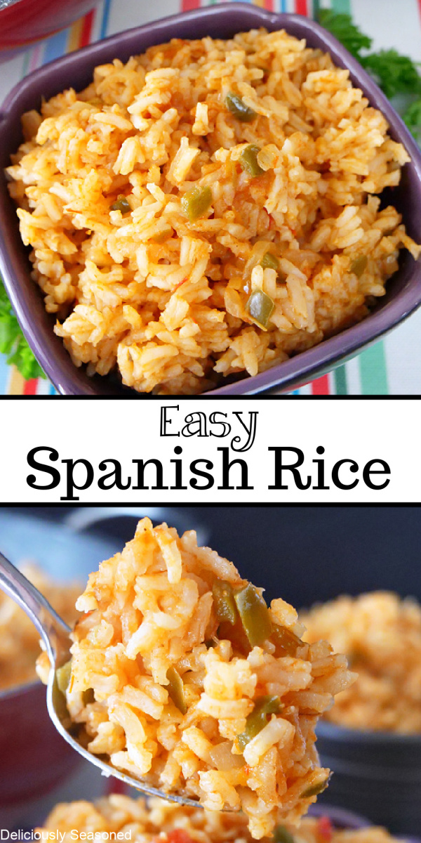 A double photo pin of Spanish Rice in a purple bowl, and then a picture of rice on a spoon.