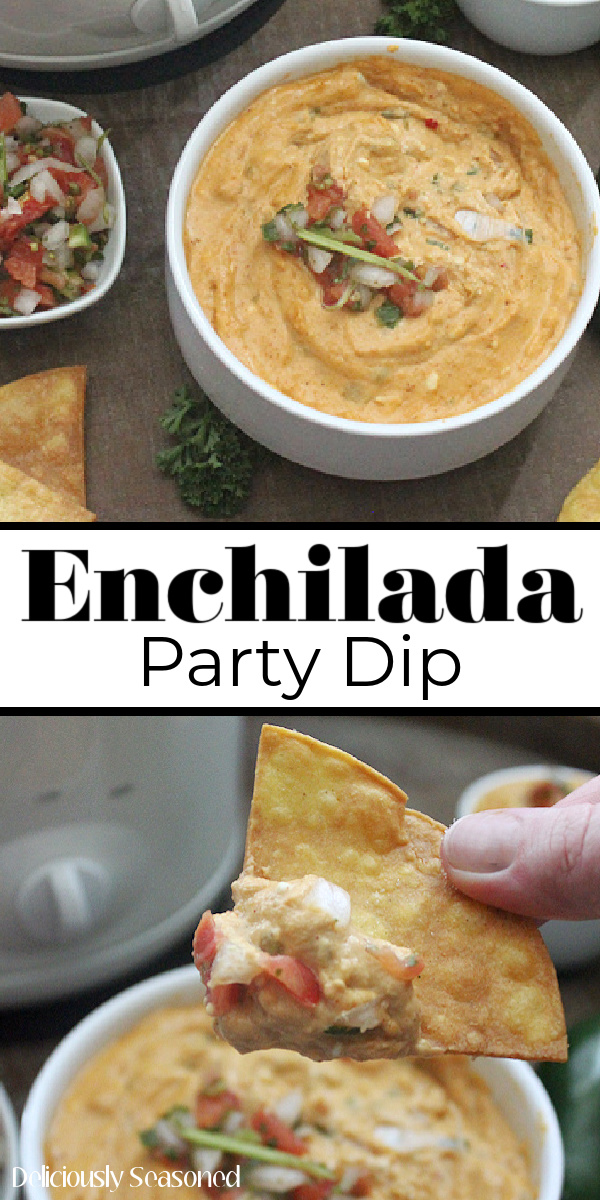 A 2 picture collage of enchilada party dip in small bowls with the title in the middle.