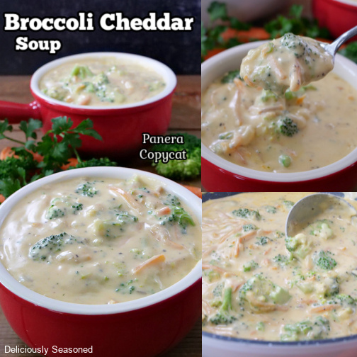 A three photo collage showing broccoli cheddar soup in red bowls.