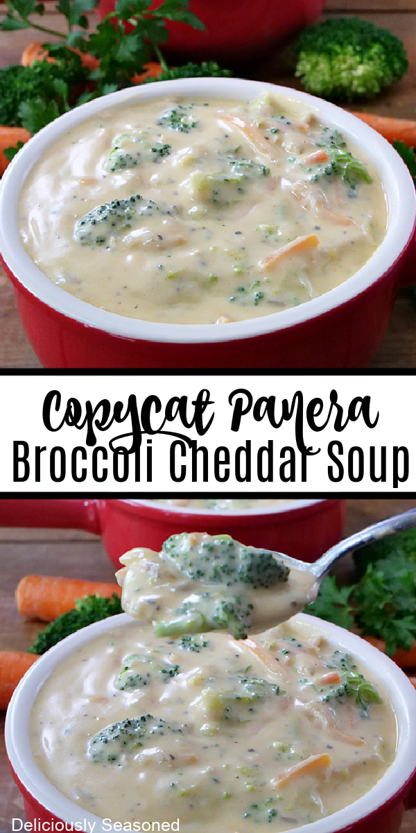 A double photo collage of broccoli cheddar soup in red bowls.