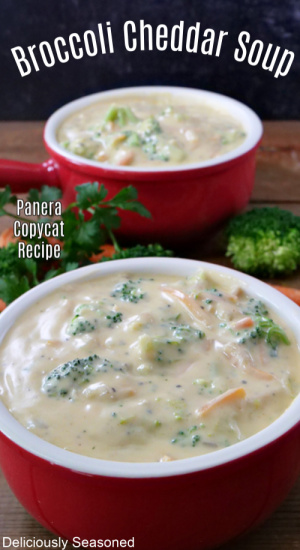 Broccoli cheddar soup in two soup bowls with broccoli and carrots in the background.