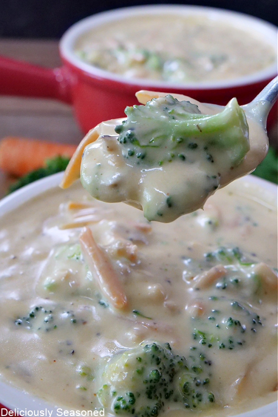 A close up photo of a bite of broccoli cheddar soup. 