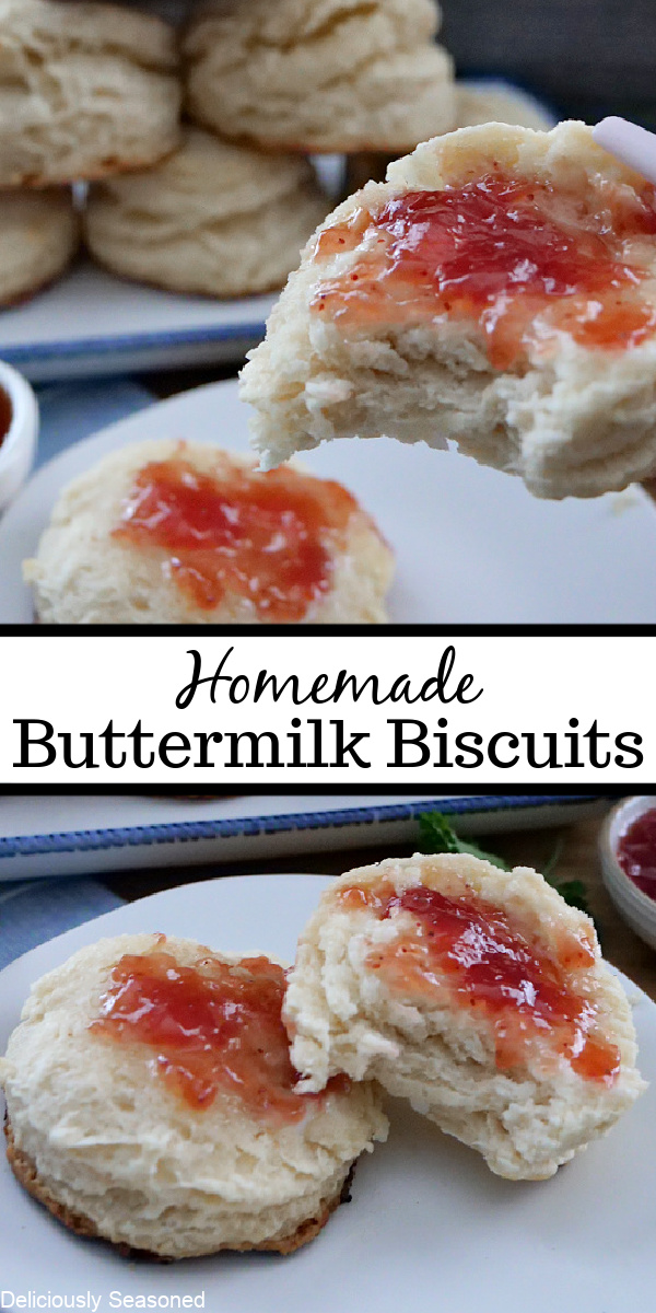 A double photo collage of homemade biscuits with jelly on it, with a bite taken out, showing all the flaky layers of the biscuit.