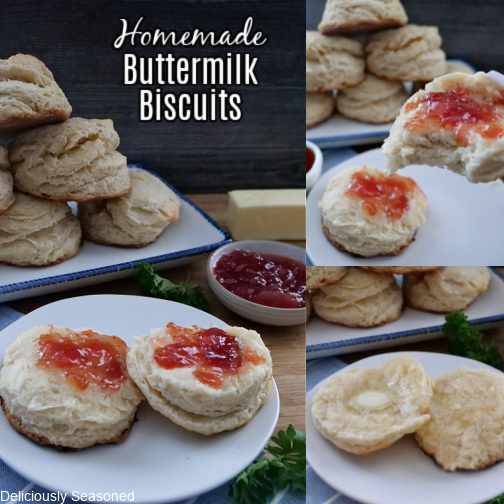 A three photo collage of homemade biscuits on a white plate. 