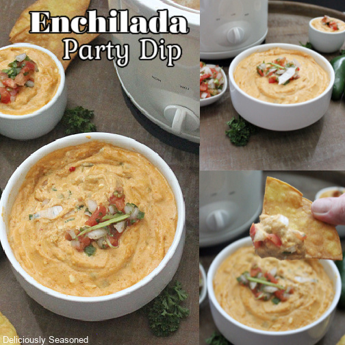 A 3 picture collage of enchilada party dip in small bowls next to a small crock pot.