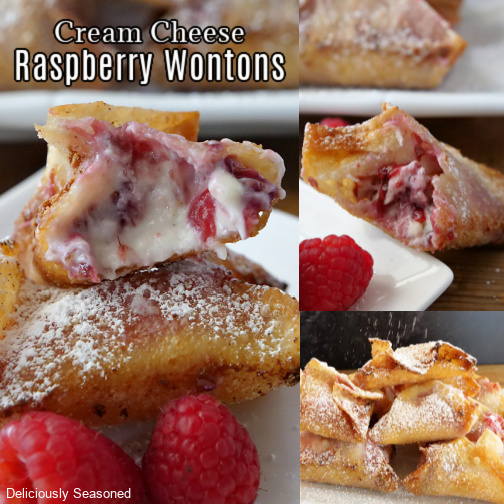 A three photo collage of raspberry cream cheese wontons on a white plate with powdered sugar on them.