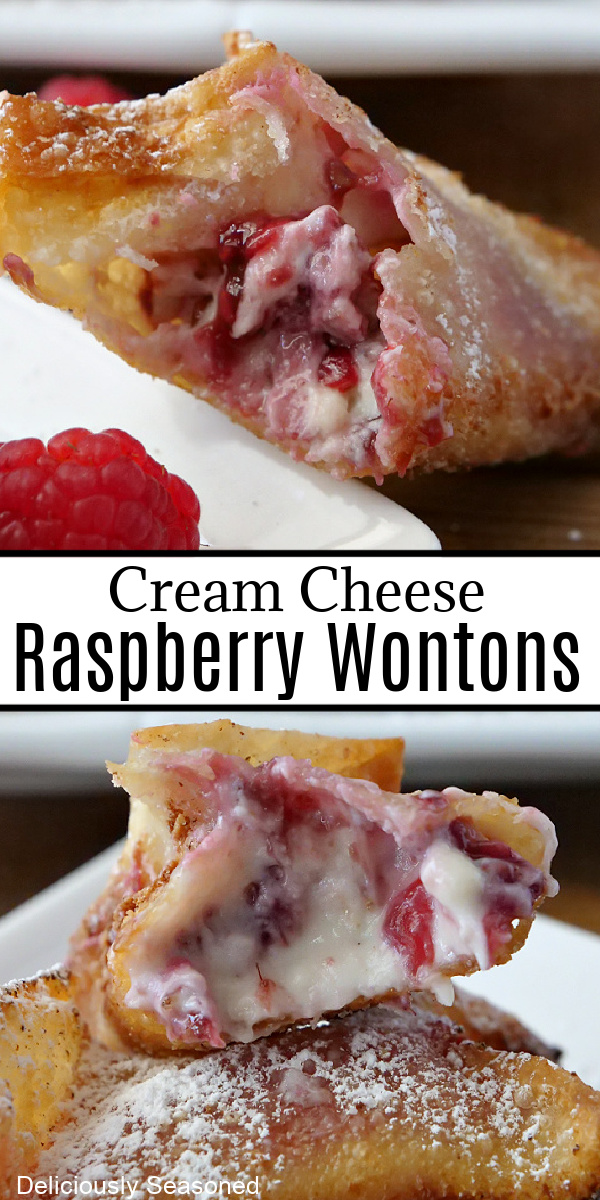 A double photo collage of raspberry cream cheese wontons on a white plate.