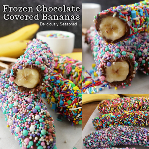 A three photo collage of frozen chocolate covered bananas laying flat on parchment paper, all dipped in chocolate and covered in bright and colorful sprinkles.