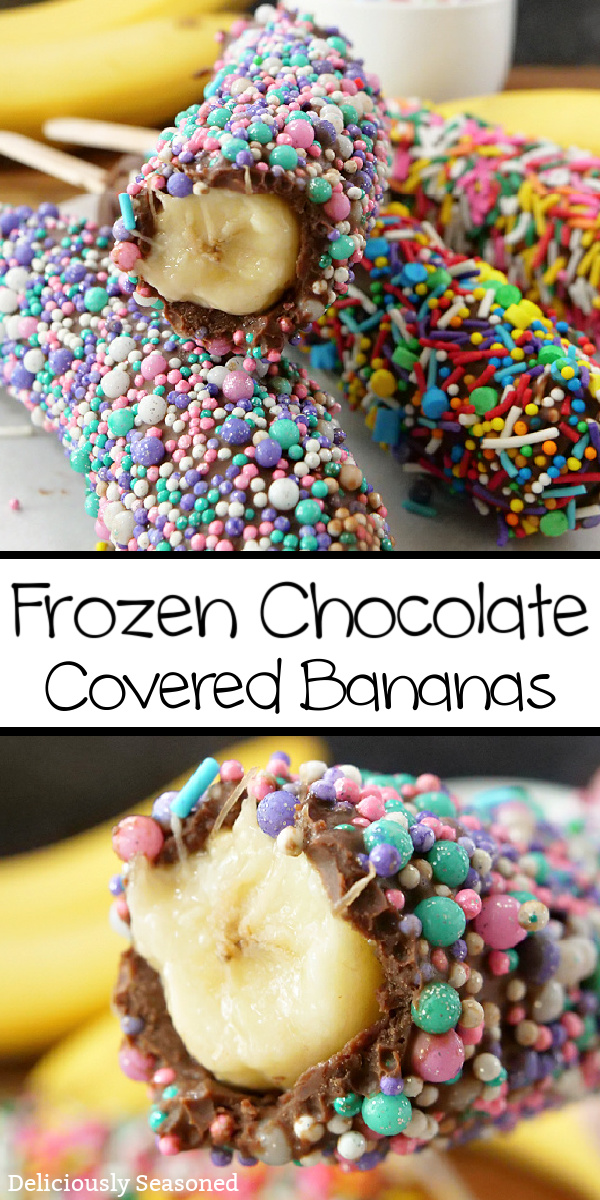 A double photo collage of chocolate covered bananas covered in bright sprinkles.