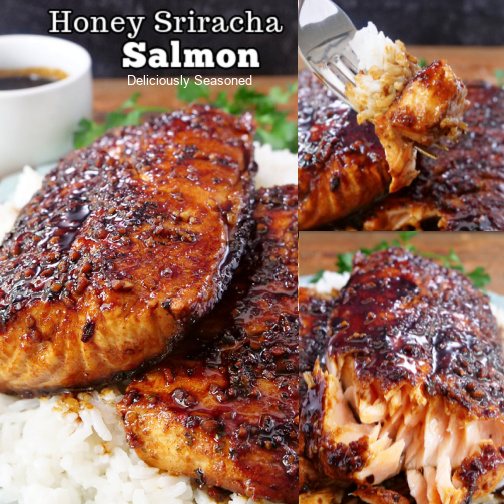 A three photo collage of honey sriracha salmon coated in a delicious sauce and laying on white rice.