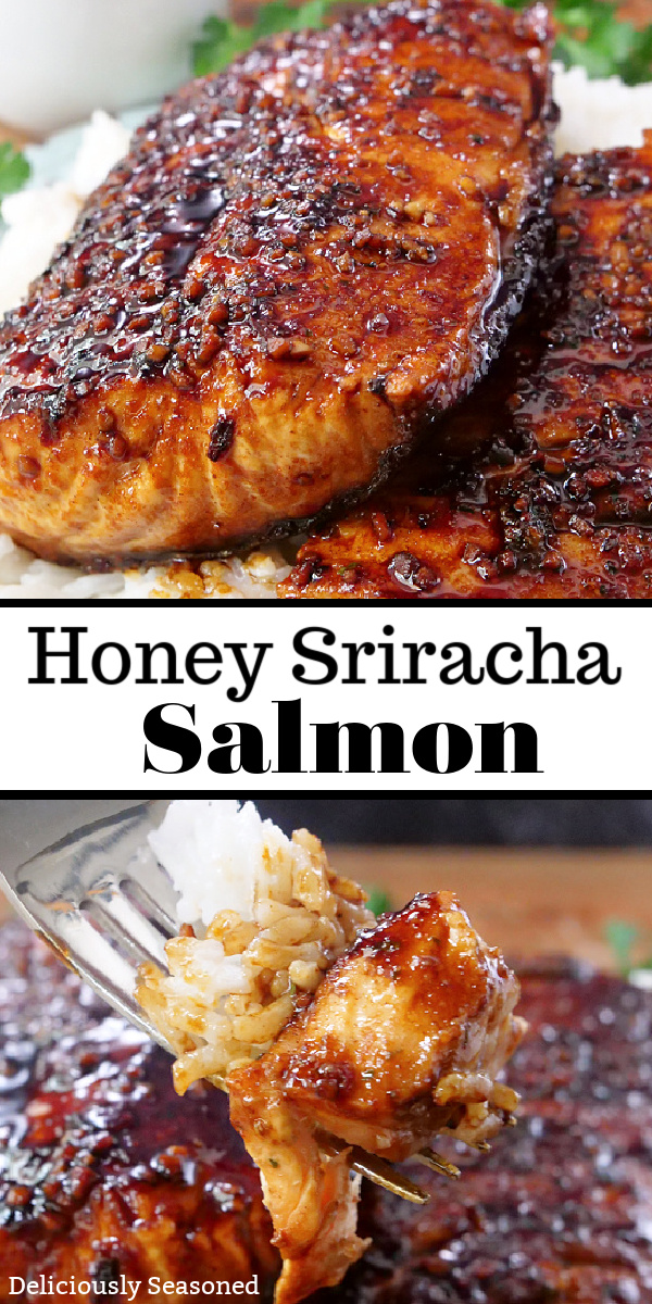 A double photo collage of honey sriracha salmon on white rice.