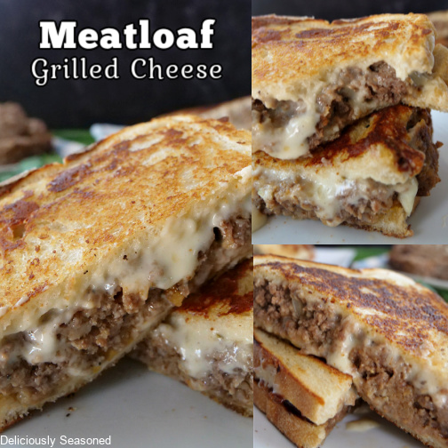 A three photo collage of meatloaf grilled cheese sandwiches on a white plate.