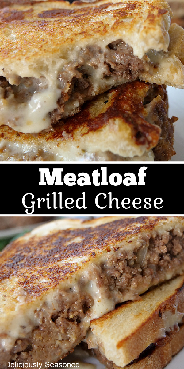 A double photo collage of meatloaf grilled cheese cut in half with melted pepper jack cheese. 