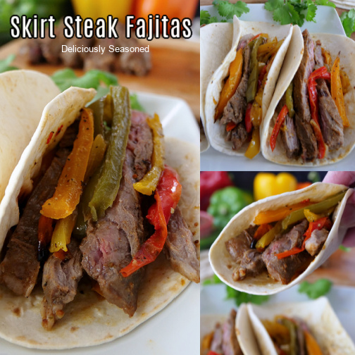 A three photo collage of steak fajitas that are filled with onions, four different colored bell peppers, and tender steak.