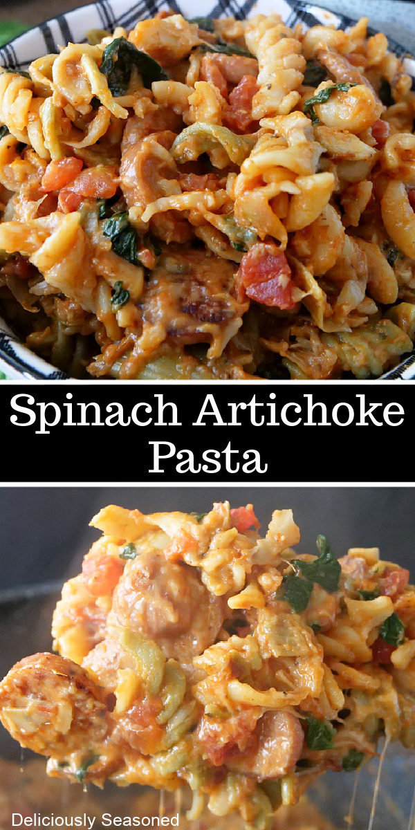 A double collage photo of spinach, artichoke, chicken sausage and rotini pasta. 