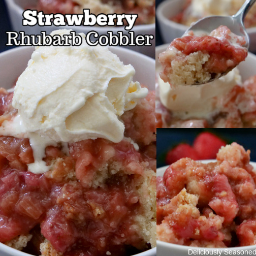 A three photo collage of cobbler in a white bowl with strawberries in the background. 