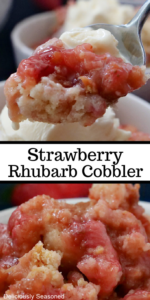 A double photo collage of cobbler with vanilla ice cream.