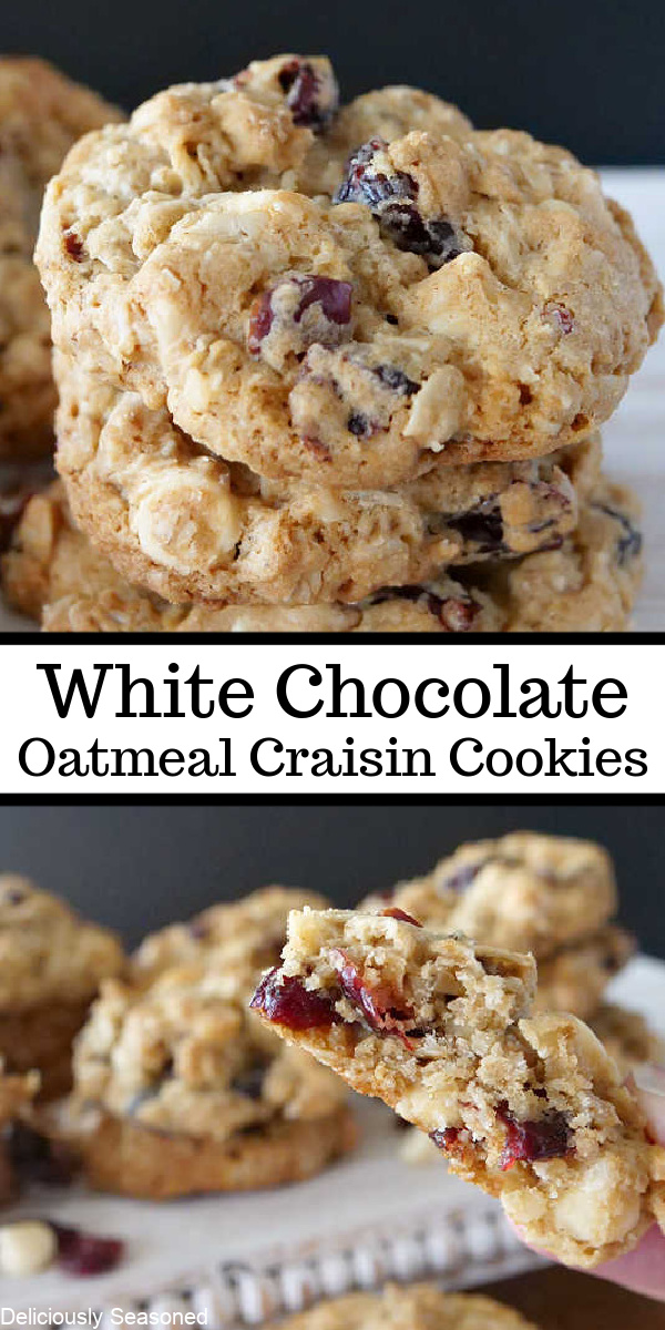A two photo collage of white chocolate cranberry oatmeal cookies.