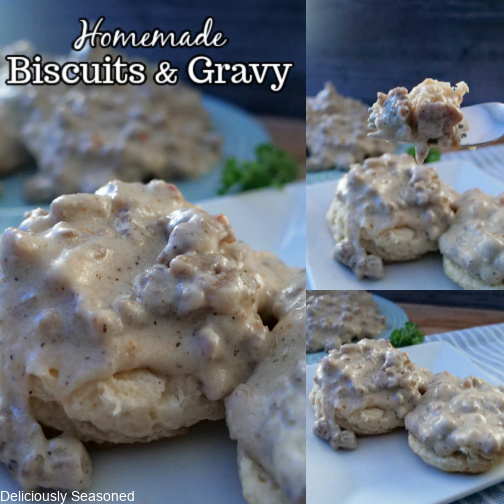 A three photo collage of homemade biscuits and sausage gravy on a white plate.