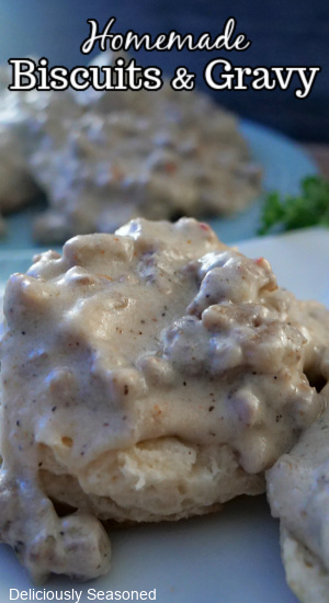 A white plate with two homemade biscuits with sausage gravy over them.
