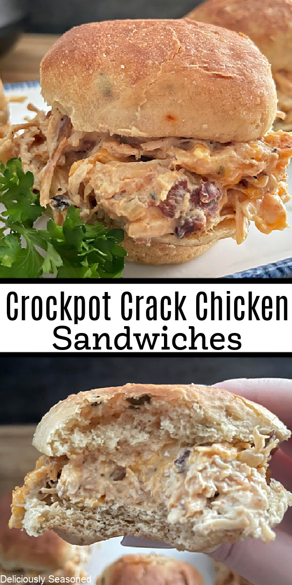 A double collage photo of crockpot crack chicken sandwiches.
