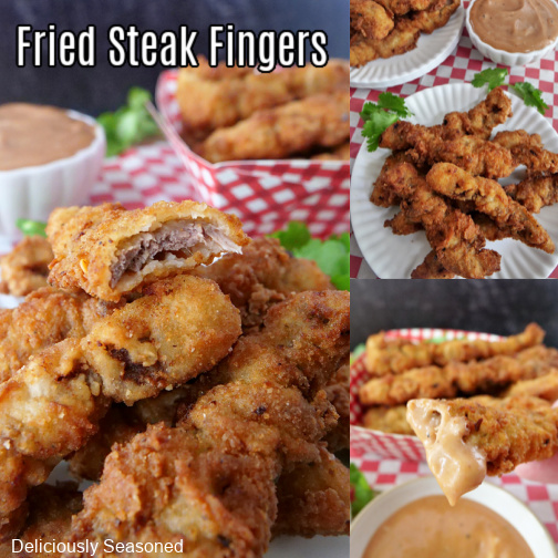 A three photo collage of steak fingers on a white plate with a white and red checkered pattern behind it.