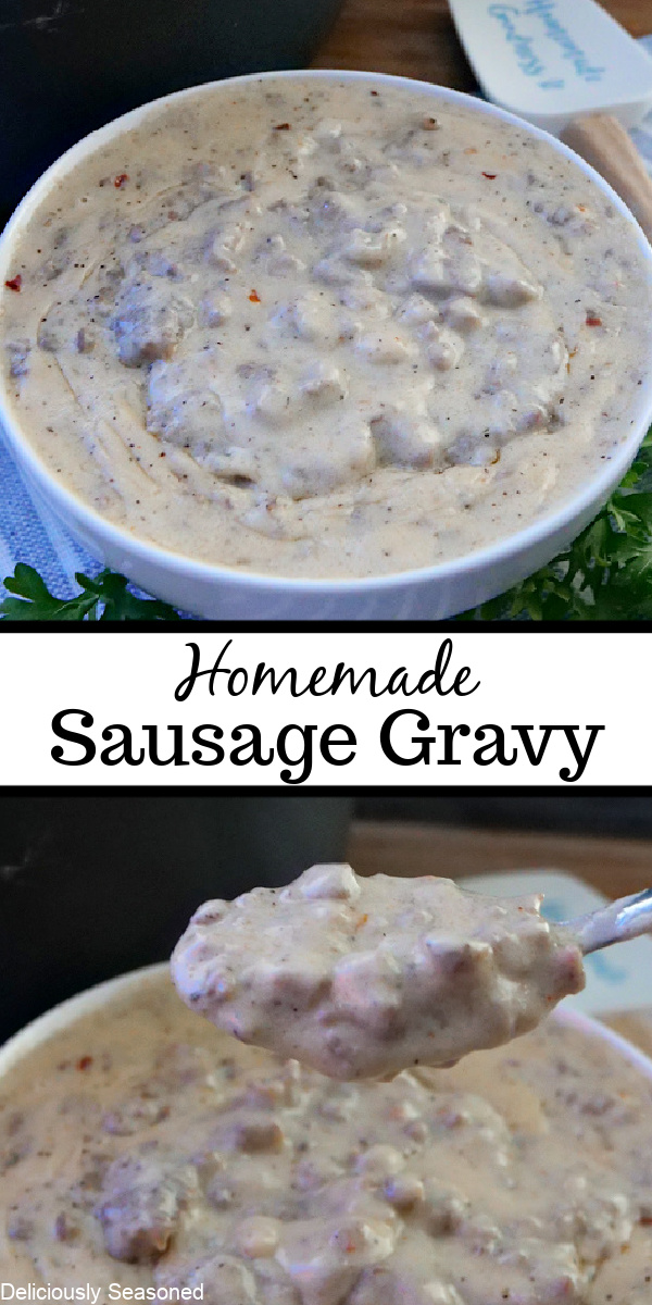 A double collage photo of southern sausage gravy in a white bowl with the title of the recipe in the center of the two photos.