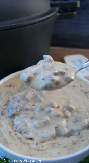 A close up of a spoonful of gravy.