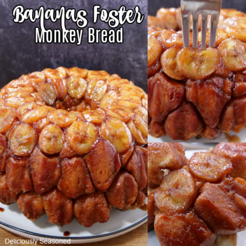 A three photo collage of monkey bread with sliced bananas on top.